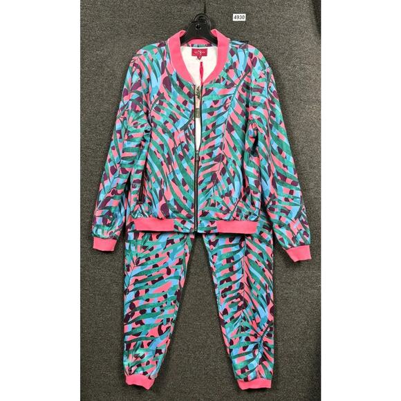 Sassy Jones Track Suit Womens Medium Pink Teal Tropical Jacket Joggers Set NEW - Picture 2 of 16